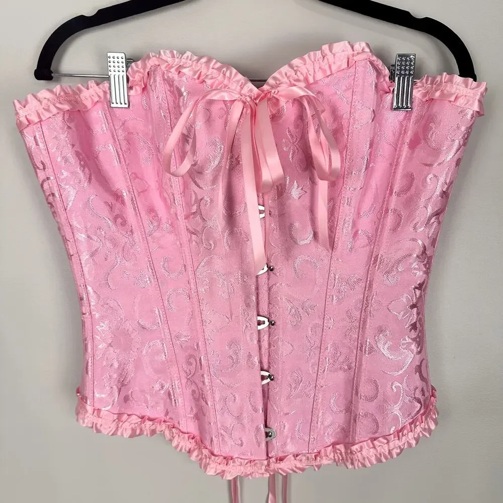 Pink Floral Jacquard Bustier Lace Up Corset Top Ruffle Hem Castle Fairy Small - Picture 4 of 14